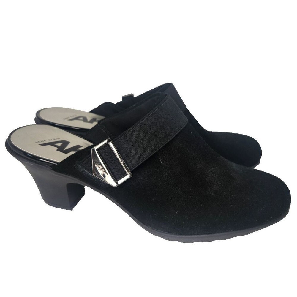 Ann Klein Leather Hangout Mule Heels Black Women's Size 9.5